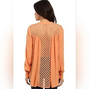 Free People Orange Lace Back Button Down Shirt Tunic Long Sleeve Size M